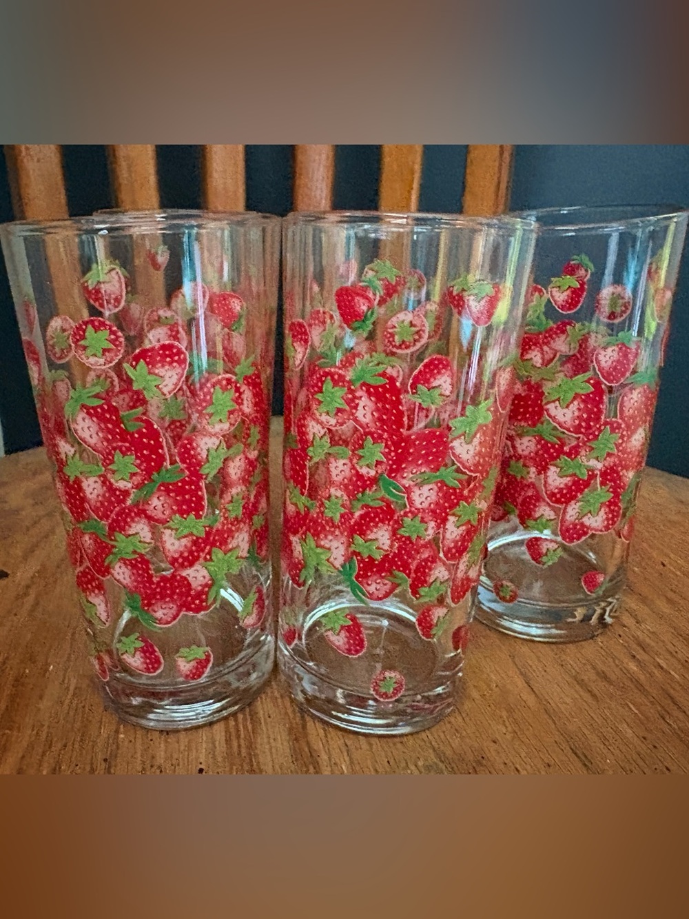 Vintage Strawberry Pattern Tall Glasses - Clear Glass with Red & Green Design
